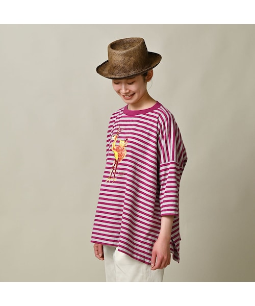 45R(フォーティファイブアール)の「ボーダー天竺フラミングウェイプリントのビッグスリットTシャツ(トップ)(トップス・レディース・23-グレートップ×アカ/63-グリーン×グレートップ・00-フリー)」の5枚目の写真