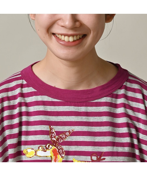 45R(フォーティファイブアール)の「ボーダー天竺フラミングウェイプリントのビッグスリットTシャツ(トップ)(トップス・レディース・23-グレートップ×アカ/63-グリーン×グレートップ・00-フリー)」の7枚目の写真