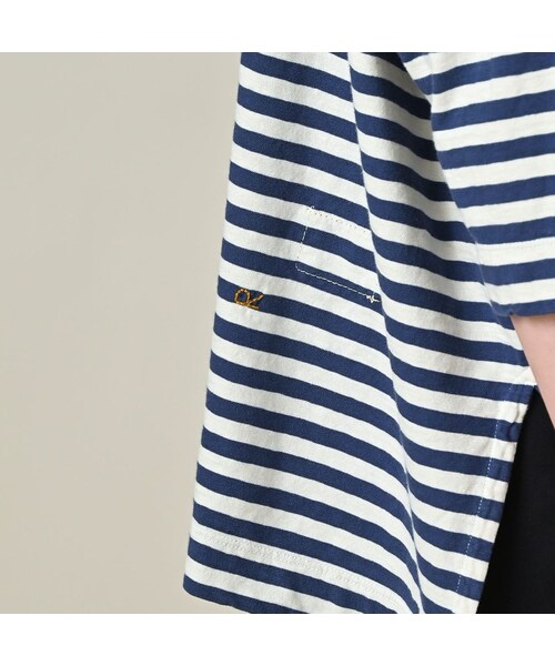 45R（フォーティファイブアール）の「ボーダー天竺フラミングウェイプリントのビッグスリットTシャツ（トップス・レディース・02-シロ×ブルー・00-フリー）」の11枚目の写真