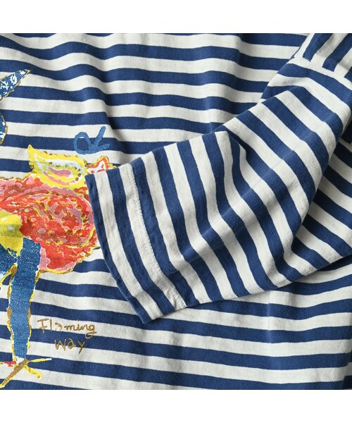 45R（フォーティファイブアール）の「ボーダー天竺フラミングウェイプリントのビッグスリットTシャツ（トップス・レディース・02-シロ×ブルー・00-フリー）」の14枚目の写真