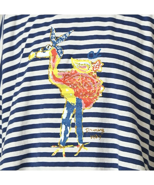 45R（フォーティファイブアール）の「ボーダー天竺フラミングウェイプリントのビッグスリットTシャツ（トップス・レディース・02-シロ×ブルー・00-フリー）」の8枚目の写真