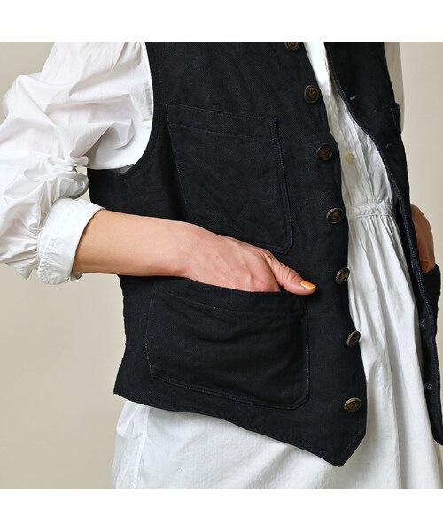 45R(フォーティファイブアール)の「リネンヘリンボンの908ベスト(インディゴ)(ジャケット/アウター・レディース・73-インディゴ・01-XS/02-S/03-M/04-L)」の12枚目の写真