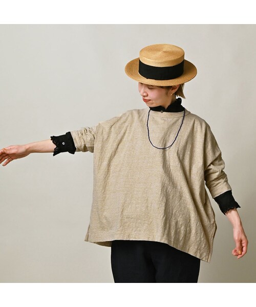 45R(フォーティファイブアール)の「天竺のビッグスリットTシャツ(トップ)(トップス・レディース・12-リネンベージュトップ・00-フリー)」の4枚目の写真