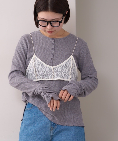 CIAOPANIC TYPY(チャオパニックティピー)の「【willow】レースブラキャミ付きハニカムトップス(Tシャツ/カットソー・レディース・イエロー/グレー・ONE)」の2枚目の写真