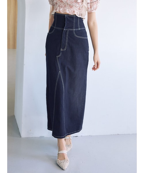MERCURYDUO（マーキュリーデュオ）の「デニムコルセットバックスリットロングスカート（デニムスカート・レディース・ブルー/インディゴ・S/M）」の3枚目の写真