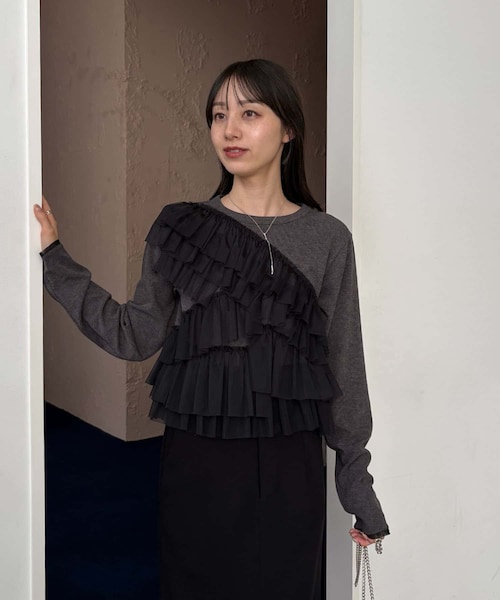 CAPRICIEUX LE'MAGE（カプリシューレマージュ）の「【kon企画】フリルドッキングロンT（Tシャツ/カットソー・レディース・ホワイト/グレー・F）」の2枚目の写真