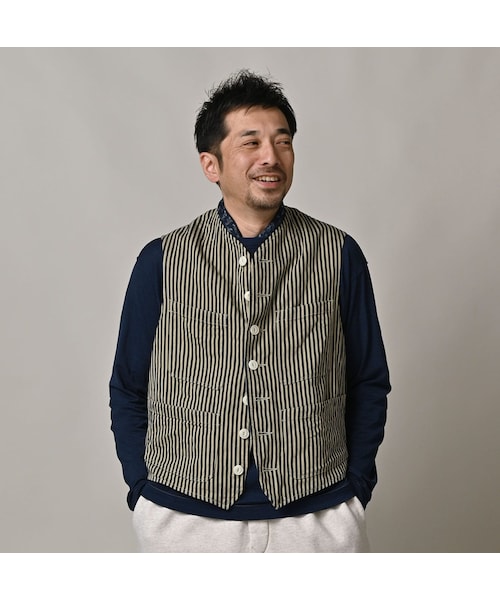 45R（フォーティファイブアール）の「いろいろヒッコリーの908ベスト（ジャケット/アウター・レディース・76-ヘリンボンヒッコリー 濃/77-デニムピンヒッコリー 濃/78-サテンヒッコリー 濃・01-XS/02-S/03-M/04-L）」の11枚目の写真