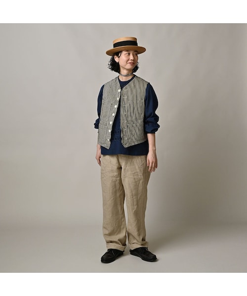 45R（フォーティファイブアール）の「いろいろヒッコリーの908ベスト（ジャケット/アウター・レディース・76-ヘリンボンヒッコリー 濃/77-デニムピンヒッコリー 濃/78-サテンヒッコリー 濃・01-XS/02-S/03-M/04-L）」の6枚目の写真