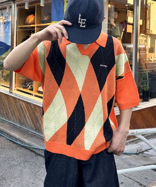 CIAOPANIC(チャオパニック)の「アーガイルスキッパーサマーニットポロシャツ(ポロシャツ・レディース・ネイビー/オレンジ/イエロー/ブラック・S/M/L)」の4枚目の写真