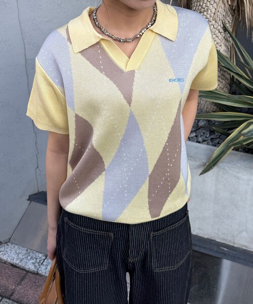 CIAOPANIC(チャオパニック)の「アーガイルスキッパーサマーニットポロシャツ(ポロシャツ・レディース・ネイビー/オレンジ/イエロー/ブラック・S/M/L)」の3枚目の写真