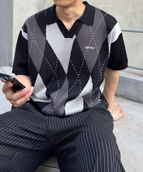 CIAOPANIC(チャオパニック)の「アーガイルスキッパーサマーニットポロシャツ(ポロシャツ・レディース・ネイビー/オレンジ/イエロー/ブラック・S/M/L)」の2枚目の写真