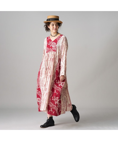 45R(フォーティファイブアール)の「インドカディブロックプリントのパッチワークドレス(ワンピース/ドレス・レディース・53-アカ/75-ネイビー・00-フリー)」の4枚目の写真