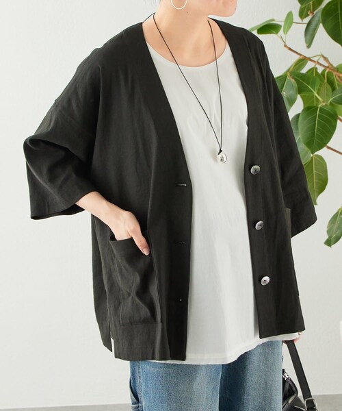 BEARDSLEY（ビアズリー）の「リネン半袖ジャケット（ノーカラージャケット・レディース・グレー/ベージュ/ブラック・F）」の2枚目の写真