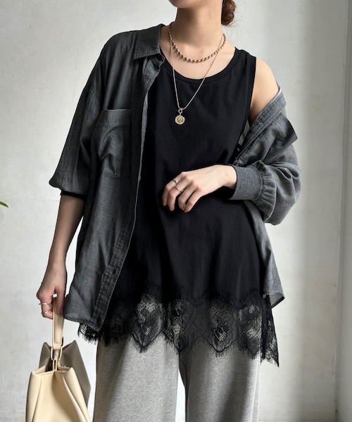 DouDou（ドゥドゥ）の「ヘムレースタンク（タンクトップ・レディース・ブラウン/オフホワイト/ブラック/グレー・F）」の3枚目の写真