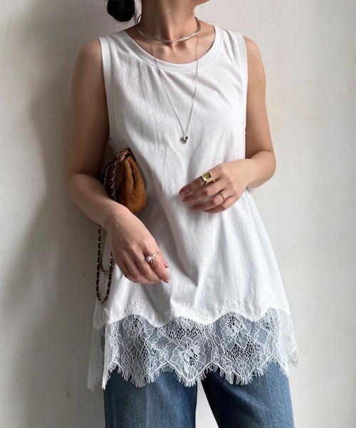 DouDou（ドゥドゥ）の「ヘムレースタンク（タンクトップ・レディース・ブラウン/オフホワイト/ブラック/グレー・F）」の2枚目の写真