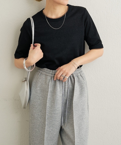 Omekashi（オメカシ）の「ラメリブ半袖ニット（ニット/セーター・レディース・グレー/ブラック・F）」の2枚目の写真