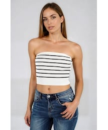 Act Cute Strapless Stripe Crop Top - Black