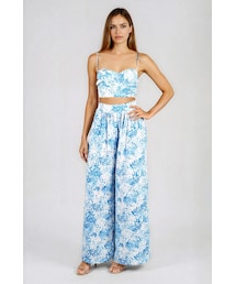 TOBI | Pack Light Print Smocked Cropped Top & Pants Set - Blue