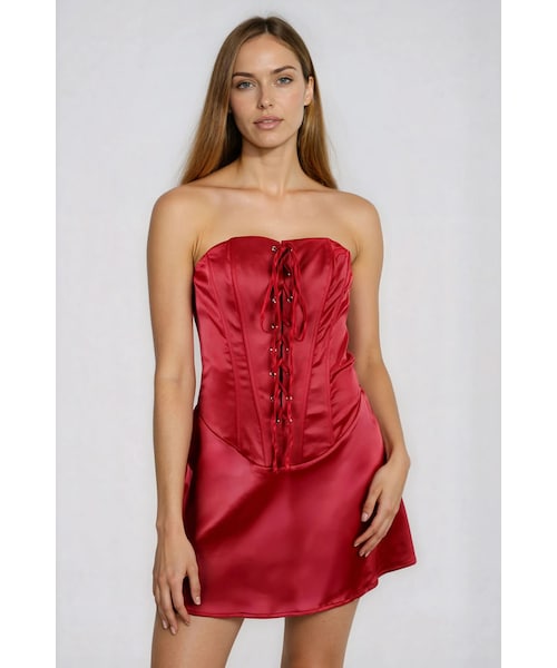TOBI（-）の「Kiss Gently Lace Up Satin Mini Dress - Burgundy（ワンピース/ドレス・レディース・other）」の2枚目の写真