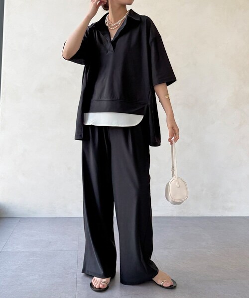 DouDou(ドゥドゥ)の「【WEB限定】6分袖スキッパーシャツ+ワイドパンツ(その他・レディース・モカ/ブラック・F)」の2枚目の写真