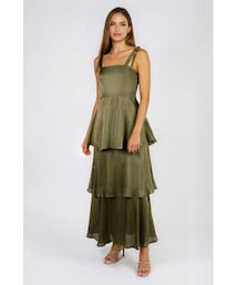 Fresh Prespective Tiered Satin Maxi Dress - Olive