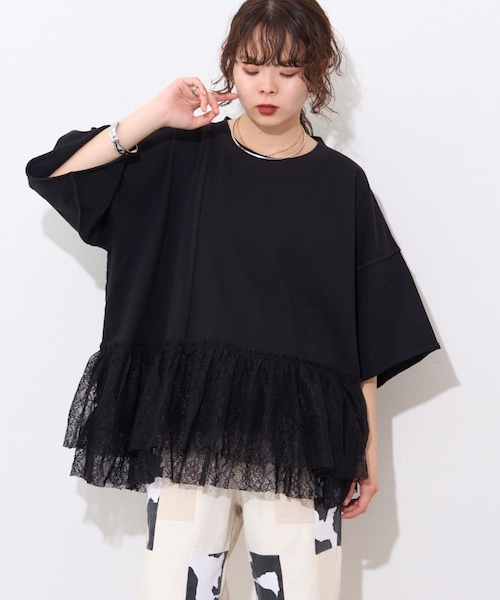 CIAOPANIC TYPY(チャオパニックティピー)の「【etsinta】リメイク裾レースtee(Tシャツ/カットソー・レディース・ブラック/グレー・ONE)」の1枚目の写真