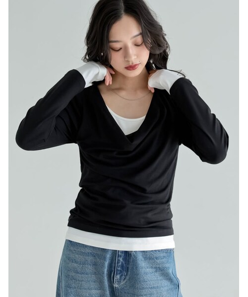 Re:EDIT(リエディ)の「レイヤード風ドレープトップス - トップス通販 | 人気レディースファッション - Re:EDIT(リエディ)(その他・レディース・ブラック/杢グレー/ブラウン/ライトブルー/レッド・M/L)」の3枚目の写真