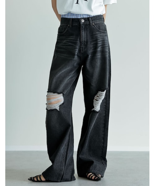 Re:EDIT(リエディ)の「ダメージデニムワイドストレートパンツ - パンツ通販 | 人気レディースファッション - Re:EDIT(リエディ)(その他・レディース・ブラック/ブルー/オーバーダイ・SC/M/MT/L)」の7枚目の写真