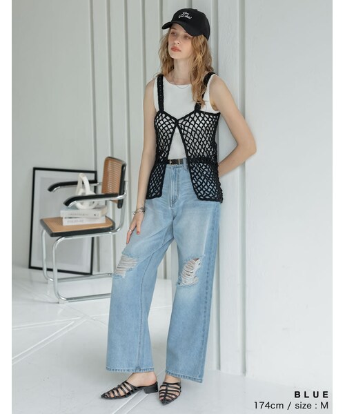 Re:EDIT(リエディ)の「ダメージデニムワイドストレートパンツ - パンツ通販 | 人気レディースファッション - Re:EDIT(リエディ)(その他・レディース・ブラック/ブルー/オーバーダイ・SC/M/MT/L)」の12枚目の写真