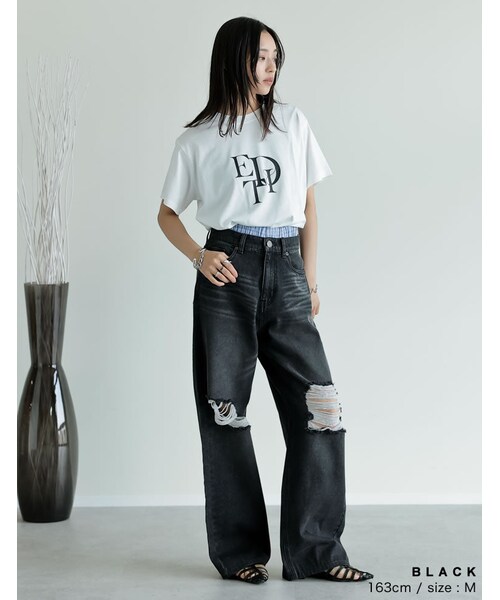 Re:EDIT(リエディ)の「ダメージデニムワイドストレートパンツ - パンツ通販 | 人気レディースファッション - Re:EDIT(リエディ)(その他・レディース・ブラック/ブルー/オーバーダイ・SC/M/MT/L)」の8枚目の写真