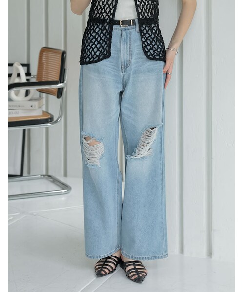 Re:EDIT(リエディ)の「ダメージデニムワイドストレートパンツ - パンツ通販 | 人気レディースファッション - Re:EDIT(リエディ)(その他・レディース・ブラック/ブルー/オーバーダイ・SC/M/MT/L)」の13枚目の写真