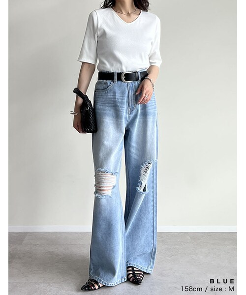 Re:EDIT(リエディ)の「ダメージデニムワイドストレートパンツ - パンツ通販 | 人気レディースファッション - Re:EDIT(リエディ)(その他・レディース・ブラック/ブルー/オーバーダイ・SC/M/MT/L)」の11枚目の写真