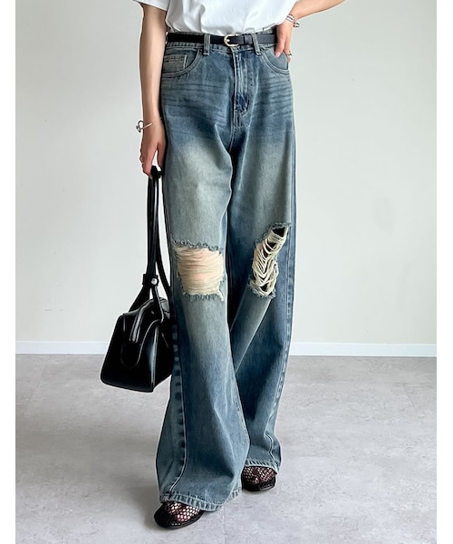 Re:EDIT(リエディ)の「ダメージデニムワイドストレートパンツ - パンツ通販 | 人気レディースファッション - Re:EDIT(リエディ)(その他・レディース・ブラック/ブルー/オーバーダイ・SC/M/MT/L)」の5枚目の写真