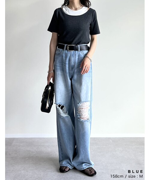 Re:EDIT(リエディ)の「ダメージデニムワイドストレートパンツ - パンツ通販 | 人気レディースファッション - Re:EDIT(リエディ)(その他・レディース・ブラック/ブルー/オーバーダイ・SC/M/MT/L)」の14枚目の写真