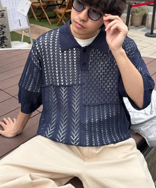 CIAOPANIC TYPY（チャオパニックティピー）の「【UNISEX】レース編みパッチワークニットポロ/WEB限定（ポロシャツ・レディース・グレー/ブラック/ネイビー/ブラウン・M/L）」の4枚目の写真