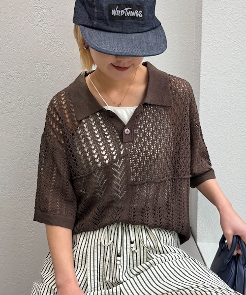 CIAOPANIC TYPY（チャオパニックティピー）の「【UNISEX】レース編みパッチワークニットポロ/WEB限定（ポロシャツ・レディース・グレー/ブラック/ネイビー/ブラウン・M/L）」の3枚目の写真