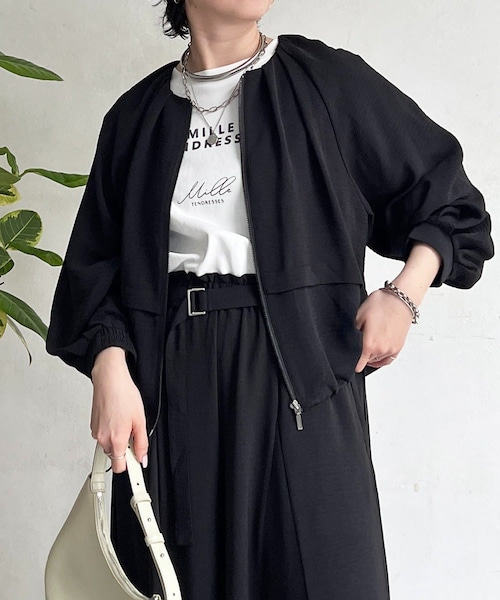 un dix cors(アンディコール)の「麻ライクブルゾン(テーラードジャケット・レディース・ブラック/エクリュ・F)」の1枚目の写真