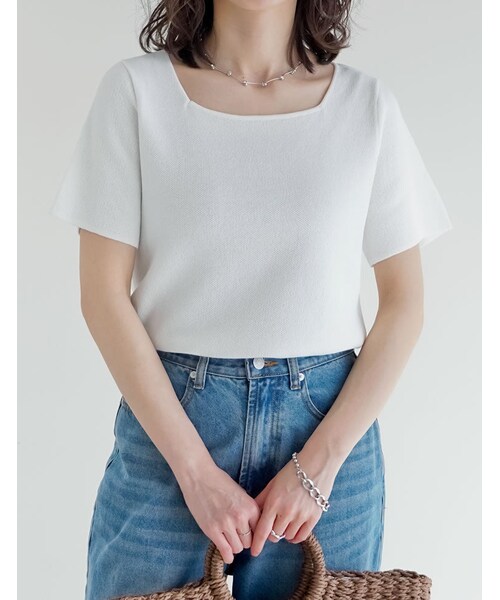 Re:EDIT（リエディ）の「スクエアネックレーヨン混ニットトップス - トップス通販 | 人気レディースファッション - Re:EDIT（リエディ）（その他・レディース・ブラック/ホワイト/グレー/ブルー/レッド/ベージュ・M/L）」の4枚目の写真