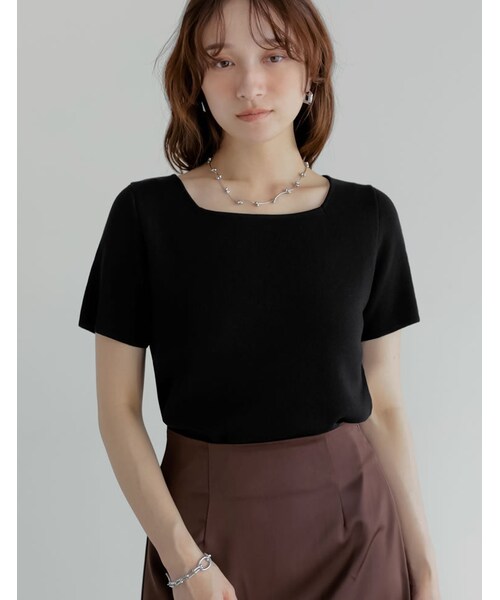 Re:EDIT（リエディ）の「スクエアネックレーヨン混ニットトップス - トップス通販 | 人気レディースファッション - Re:EDIT（リエディ）（その他・レディース・ブラック/ホワイト/グレー/ブルー/レッド/ベージュ・M/L）」の3枚目の写真