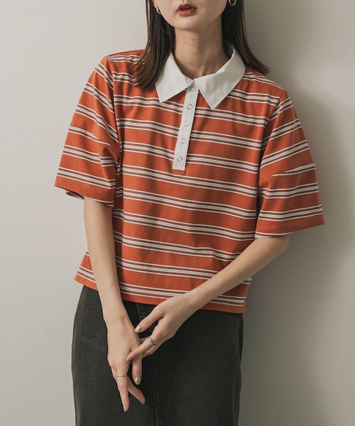 SENSE OF PLACE by URBAN RESEARCH（センスオブプレイスバイアーバンリサーチ）の「マルチボーダーカットポロシャツ（ポロシャツ・レディース・BLACK/ORANGE/WHITE・one）」の3枚目の写真