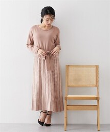 nissen | 【大きい胸専用】これ一枚でさっと決まる！配色ジャカードニットワンピース（ウエストリボン付）(ワンピース)