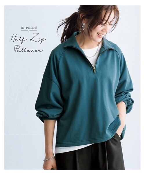 nissen（ニッセン）の「ハーフジップ裾ドロストプルオーバー（Tシャツ/カットソー・レディース・黒/ブルー・S~M/L~LL）」の2枚目の写真