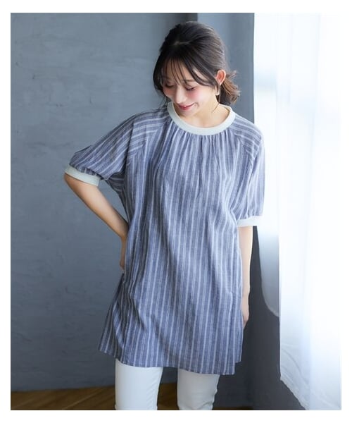 nissen（ニッセン）の「＜大きいサイズ＞綿１００％柔らかラグランスリーブチュニック（Tシャツ/カットソー・レディース・黒系チェック/ベージュ系ストライプ/ブルー系ストライプ/ブラックウォッチ・L/LL/3L/4L/5L/6L/8L/10L）」の4枚目の写真