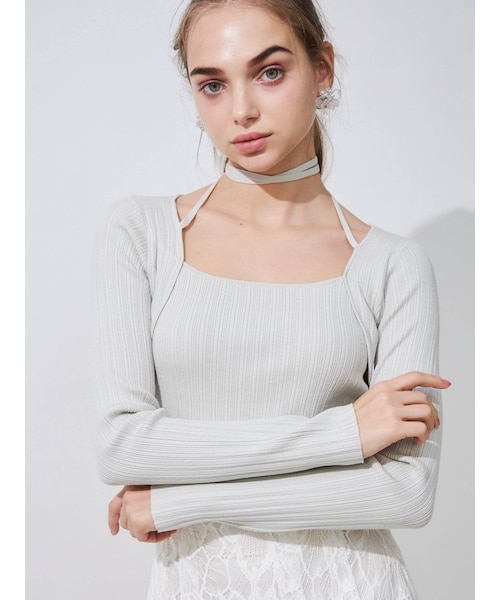 MERCURYDUO（マーキュリーデュオ）の「チョーカーリボンリブニット（ニット/セーター・レディース・オフホワイト/ミントグリーン/チャコールグレー/パープル/ラベンダー・F）」の4枚目の写真