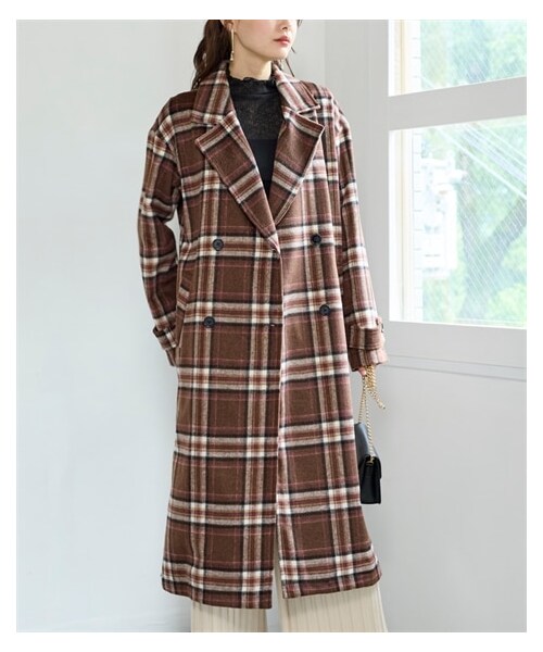 nissen（ニッセン）の「大きいサイズ シャギーチェックサイドスリットチェスターコート（ジャケット/アウター・レディース・ブルーチェック/グリーンチェック/ブラウンチェック/黒チェック・L/LL/3L/4L/5L/6L/8L/10L）」の4枚目の写真