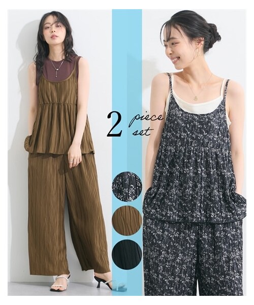 nissen（ニッセン）の「プリーツキャミソールセットアップ（ギャザーキャミソール＋セミワイドパンツ）＜大きいサイズ有＞（パンツ・レディース・黒系花柄/黒/モカ・S/M/L/LL/3L/4L/5L/6L）」の5枚目の写真