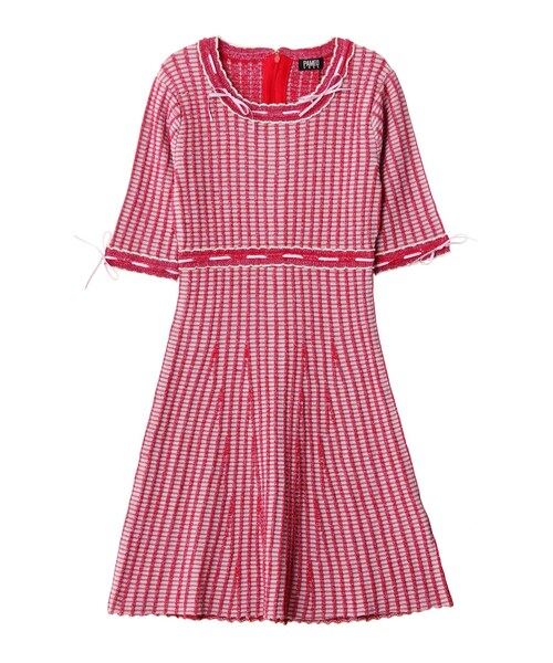パメオポーズ　PAMEOPOSE 赤チェック　ワンピース PAMEO POSE（パメオポーズ）の「KITTEN GLITTER STRIPE KNIT DRESS