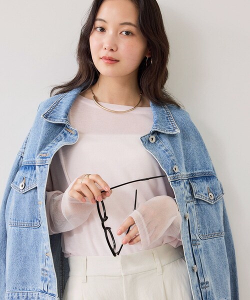 VIS（ビス）の「ラメメッシュスリーブ切り替えシアーロンT（Tシャツ/カットソー・レディース・ブラック/ライトグレー/ホワイト/ピンク・F）」の11枚目の写真