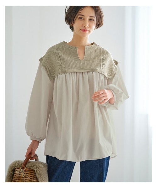 nissen（ニッセン）の「ニット切替異素材使いチュニックブラウス【Otona Purete】（シャツ/ブラウス・レディース・杢グレー×オフホワイト/グリーン×ライトグレージュ・M/L/LL/3L）」の4枚目の写真