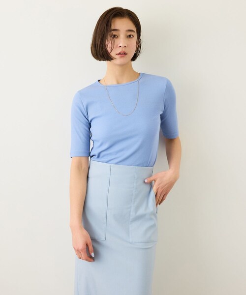 ROPE'（ロペ）の「コンフォートリブハーフスリーブカットソー(5分袖)/イージーケア・接触冷感（Tシャツ/カットソー・レディース・ブラック/ブラウン/サックス・F）」の9枚目の写真